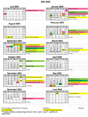 School Calendar Calder 2021-22